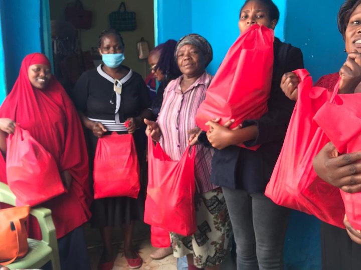 Group with red food bags